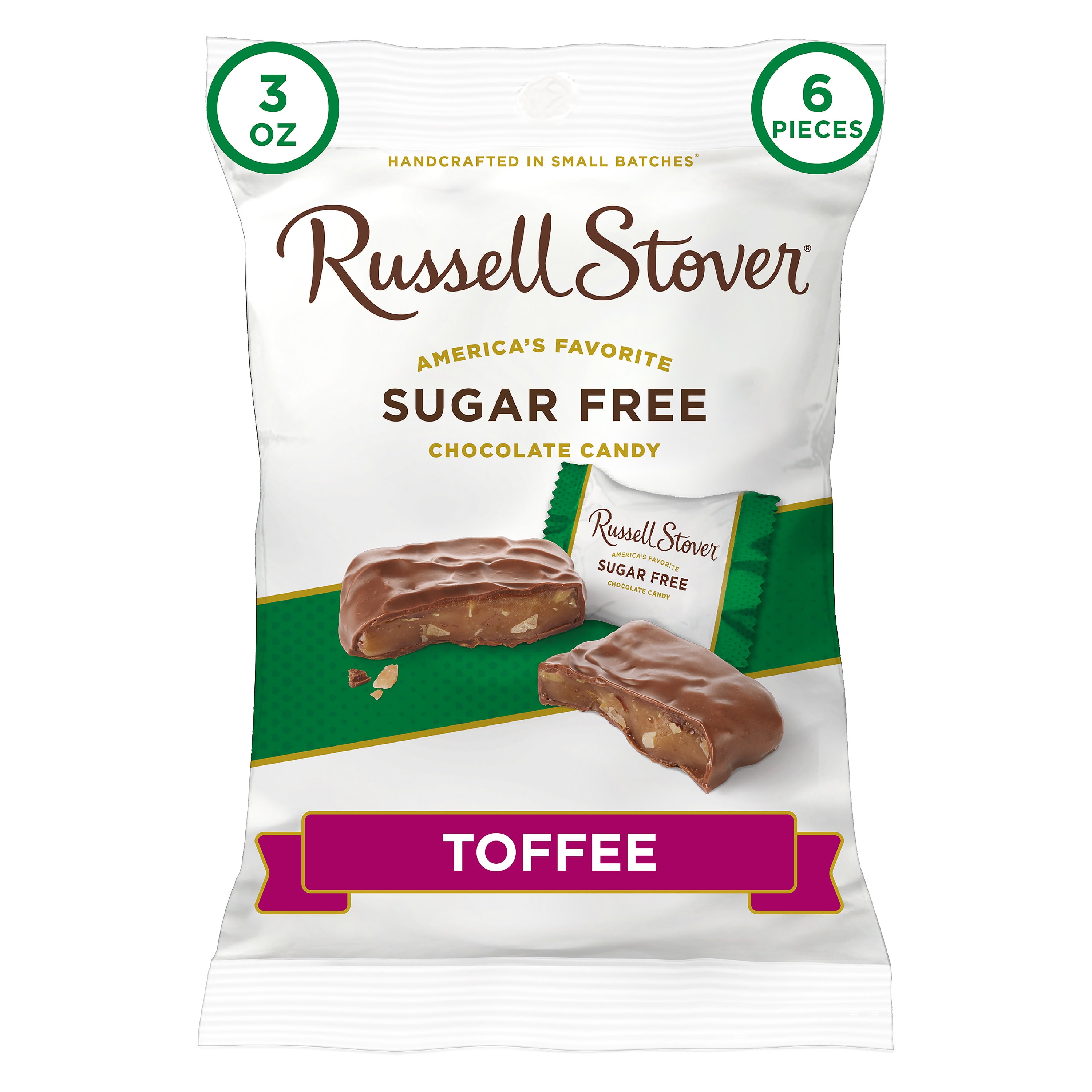 Russell Stover Sugar Free Chocolate Toffee Squares with Stevia, 3 oz. Bag