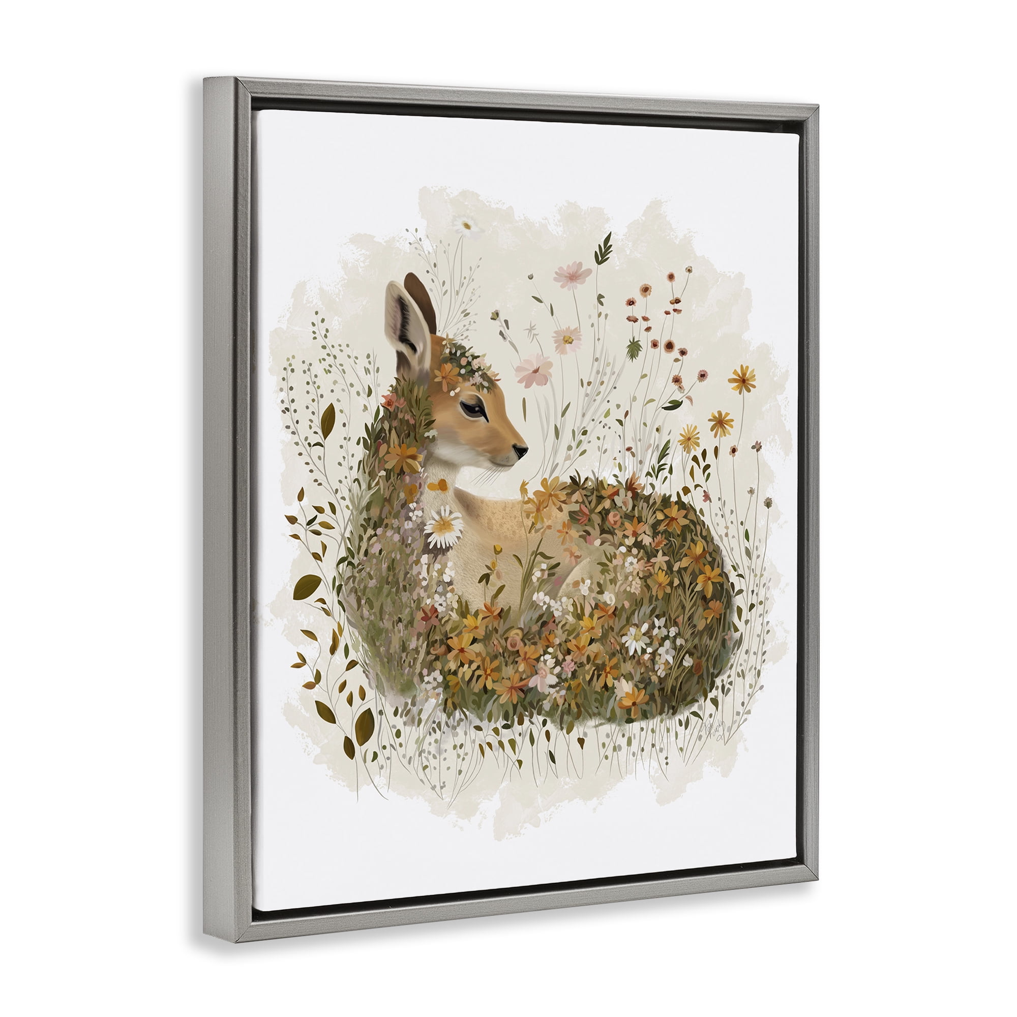Stupell Industries Daisy & Wildflower Fawn Animals & Insects Painting Gray Floater Framed Canvas Art Print Wall Art, 25 x 31