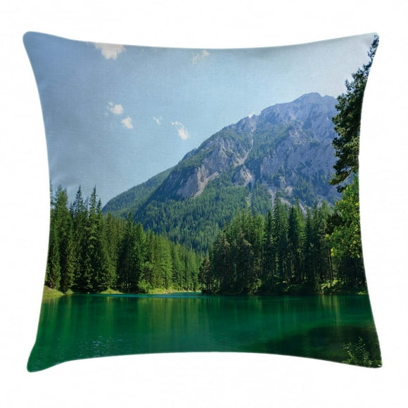 Nature Throw Pillow Cushion Cover, Lake Surrounded by Forest at Mountain Valley Austrian Rural Scenery, Decorative Square Accent Pillow Case, 24 X 24 Inches, Light Blue Hunter Green, by Ambesonne