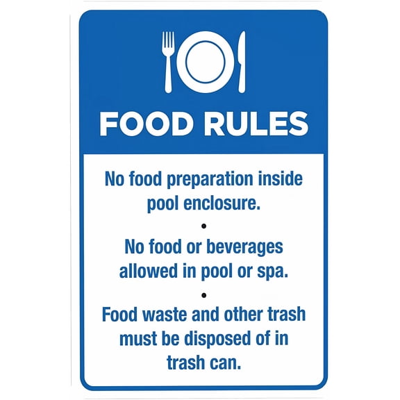 Pool Food Rules No Food Preparation Inside Enclosure Sign - 8"x12", Pool Rules Metal Decor for Business, Home, Street Walls, Safety Zones