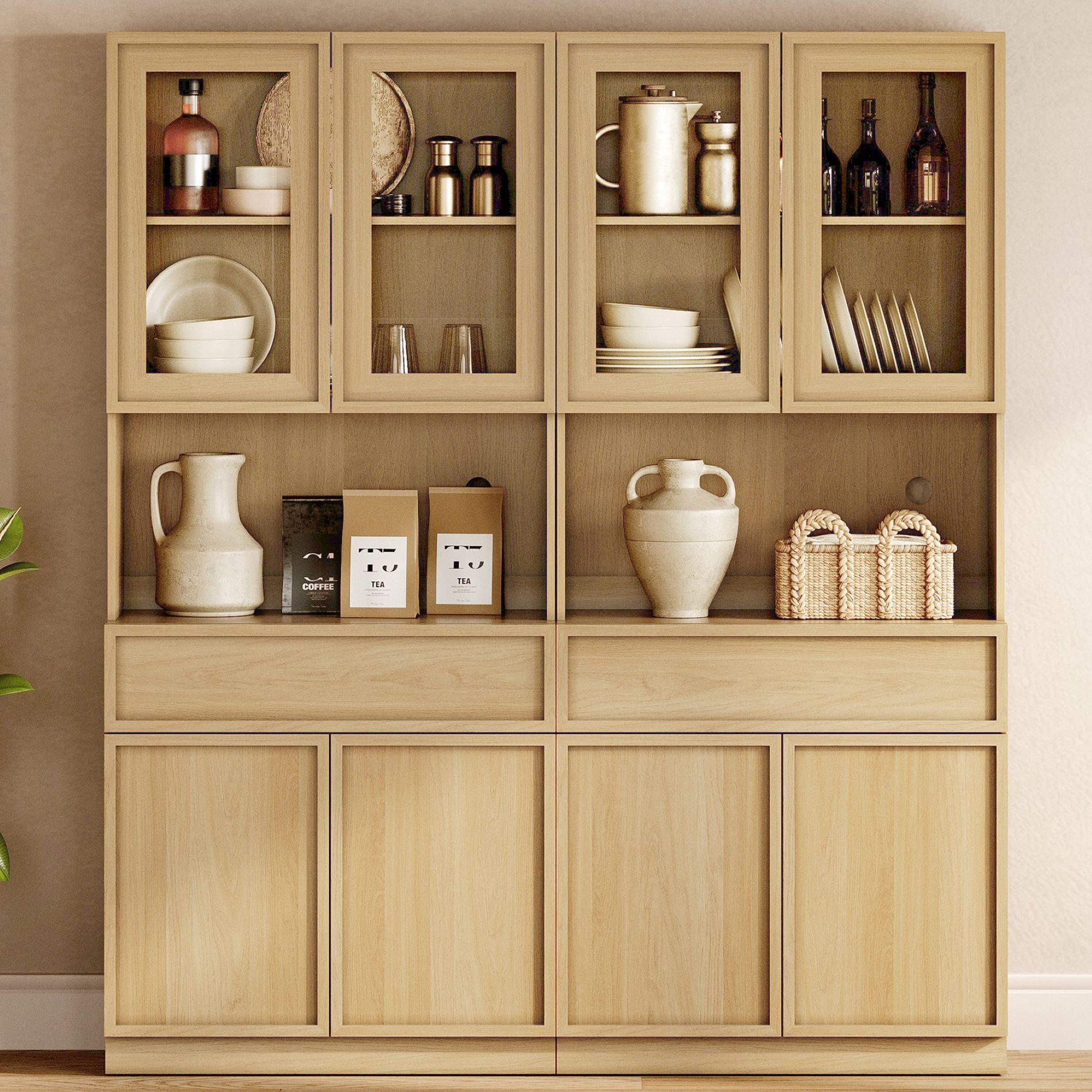 Modern Wood Sideboard Buffet with Glass Doors, Drawers & Adjustable Shelves, 72" Tall Glass Display Storage Cabinet,Oak