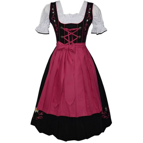 Edelweiss Creek 3 Piece Long German Oktoberfest Dirndl Dresses for Women - Black and Pink