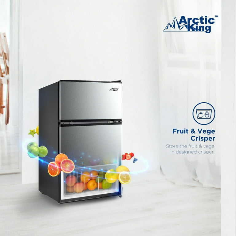 Arctic King 3.2 Cu ft Two Door Mini Fridge with Freezer, Stainless Steel, E-Star, Arm32d5asl, Silver