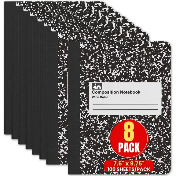 Wide Ruled Composition Notebook 7.5" x 9.75", Wide Ruled Paper, 100 Sheets, White/Black, (8/Pack)