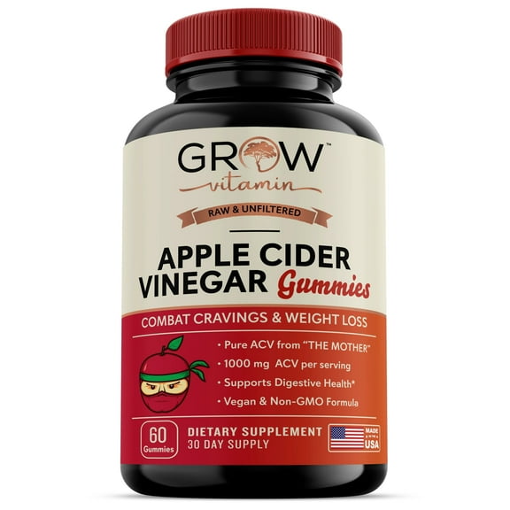 Grow Vitamin Apple Cider Vinegar Gummy Vitamins - Detoxify, Slim, Metabolism, Vegan, Non-GMO, 60 Count