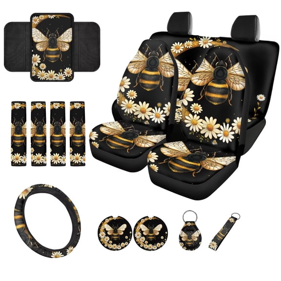 Chririnla Black Daisy Bee Car Seat Cover Set with Steering Wheel Seat Belt Strap for Men Women Comfortable Armrest Pad Coasters Universal Interior Set of 14