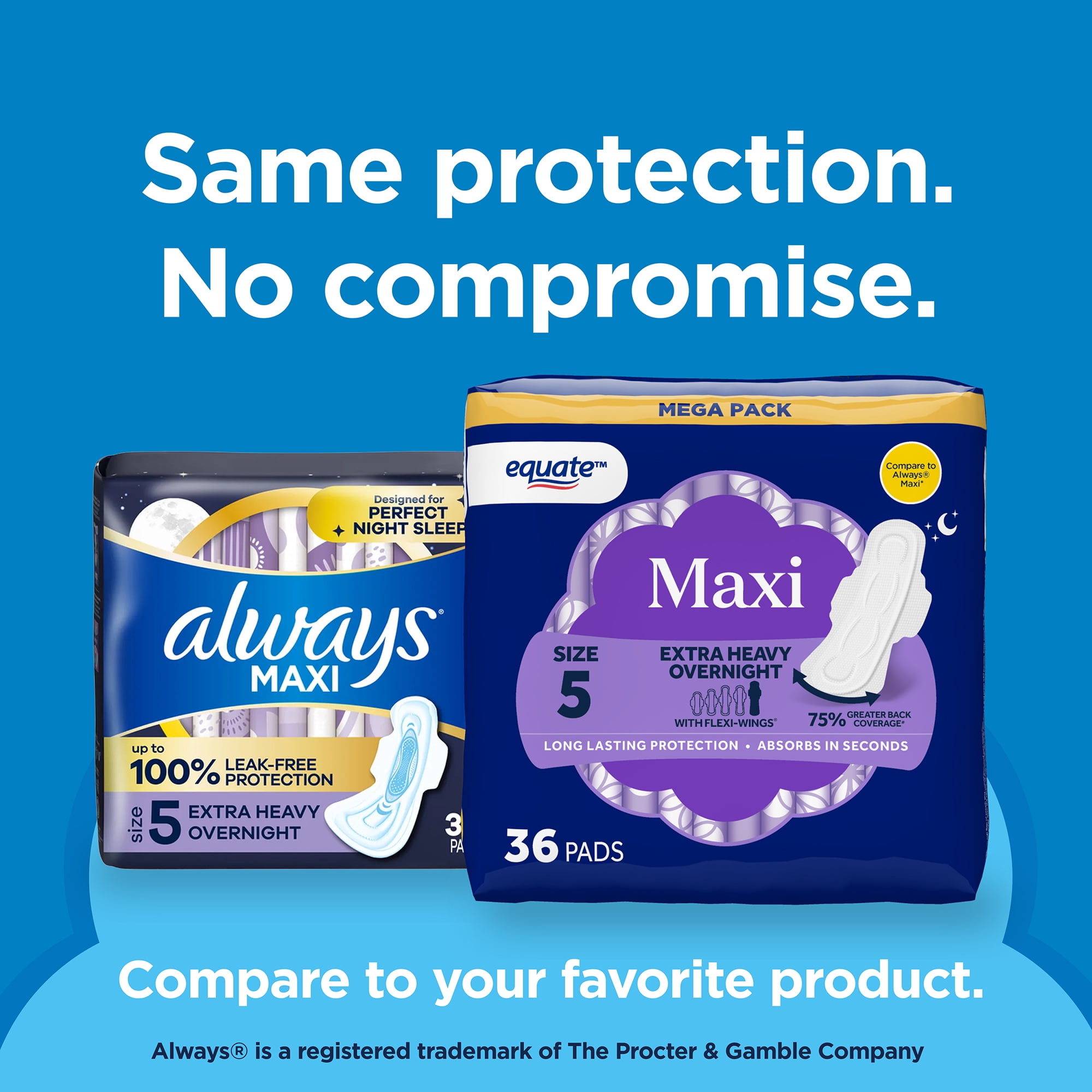 Equate Overnight Maxi Pads with Flexi-Wings, Extra Heavy Overnight Absorbency, Size 5, 36 Count