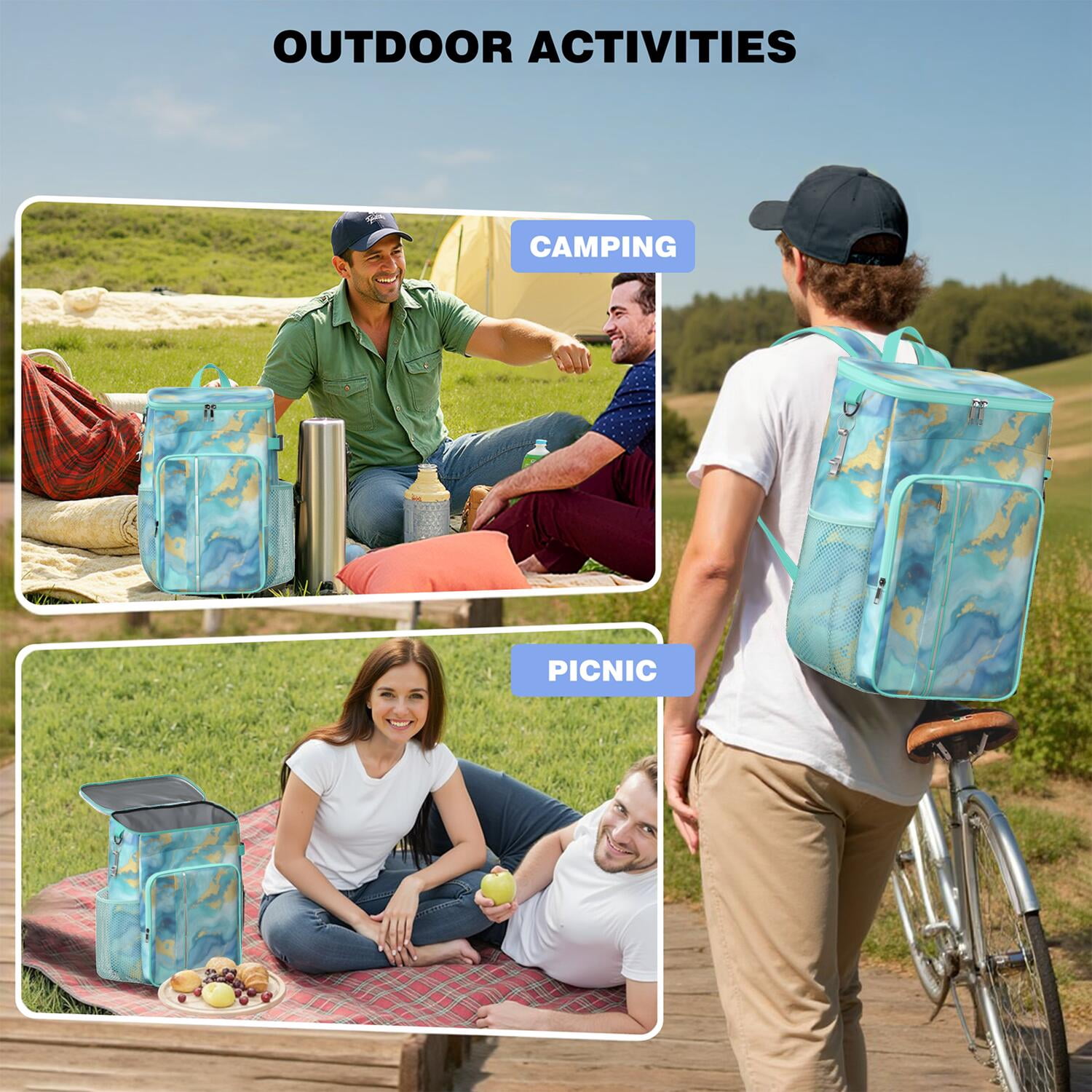 Travel Cooler Bag - Teal Gold Marble Camping Beer Cooler Backpack with Bottle Opener- Waterproof Insulated Picnic Backpacks - Cooler Bag for Beach