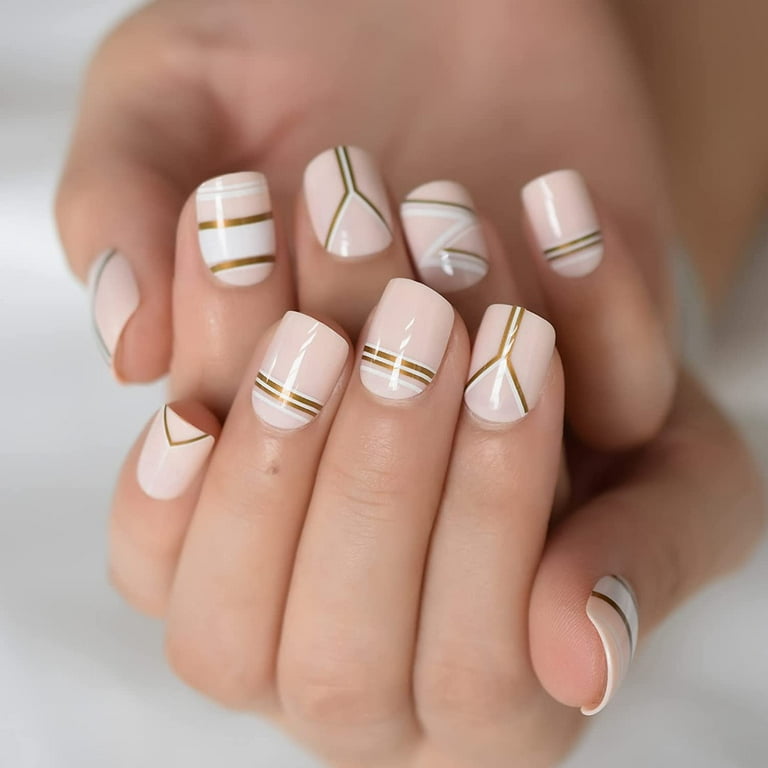 24Pcs Pink Beige Straight Gold Lines Detachable Press On Nails Short With  Designs Wearable Full Cover False Fake Nails Kit With Glue Tape For Women  Girls - Walmart.Com