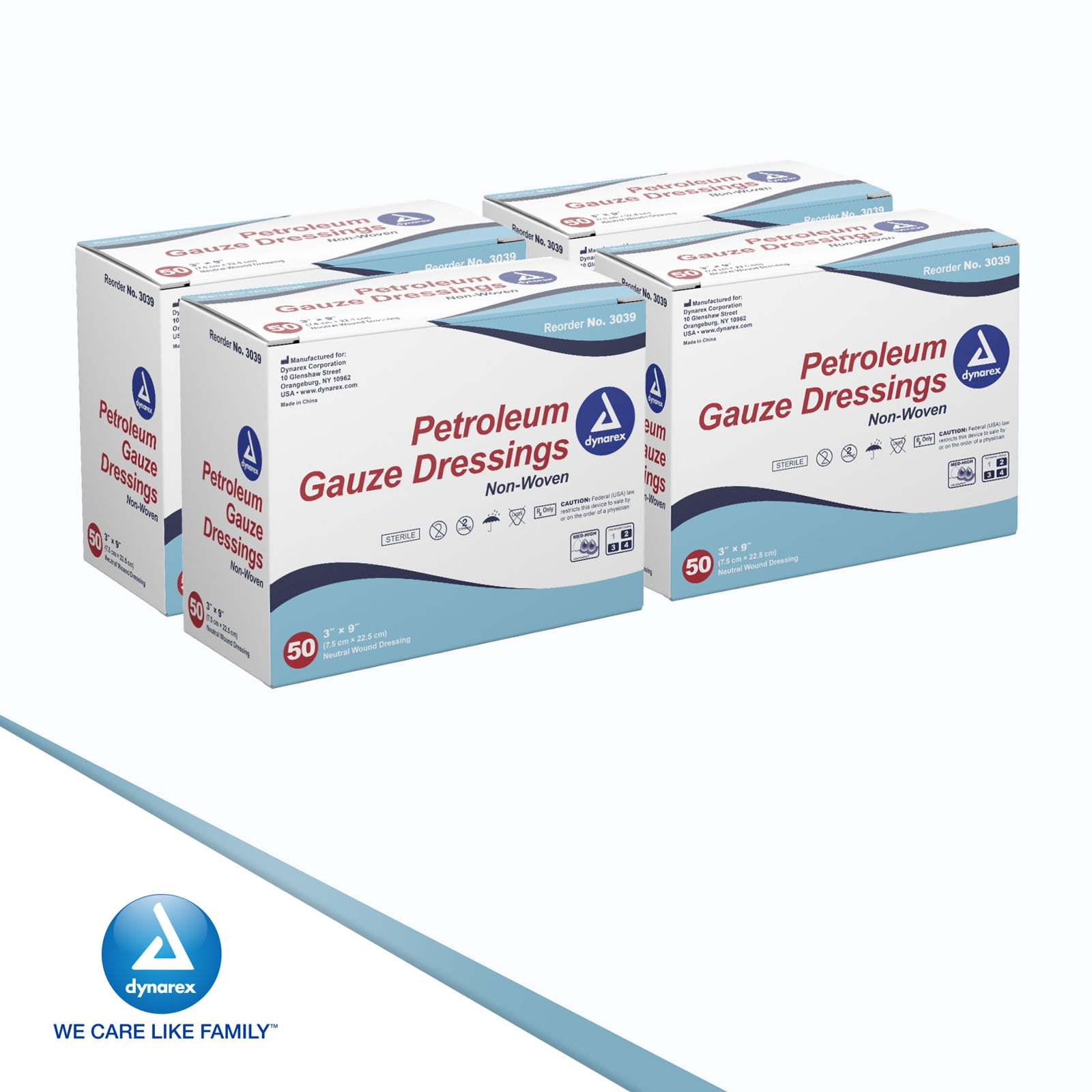 Dynarex Petroleum Gauze Dressings, 3" x 9", Sterile & Latex-Free, Non-Adherent Gauze Impregnated by Petroleum Jelly for Wound Care, Single Pouches, 1 Case of 200 (4 Boxes of 50)