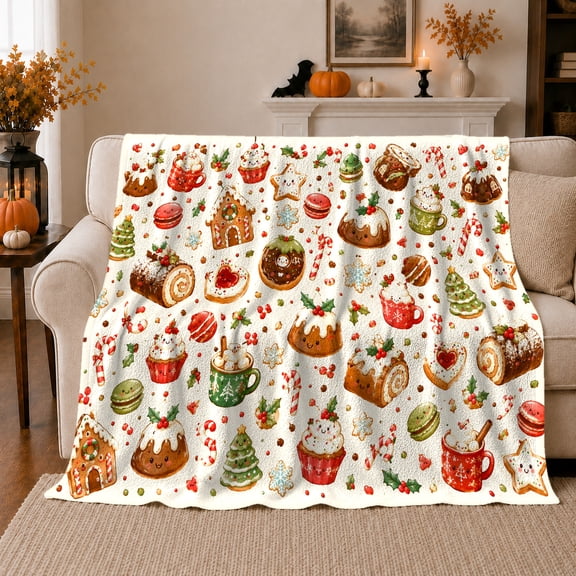 Christmas decorative motif Sweets Hot decorative motif Kawaii Cartoon, Festive Holiday Scene, Warm Flannel Blanket for Kitchen and Dining Room, Art Lovers Christmas Gift, Festive Home Decor