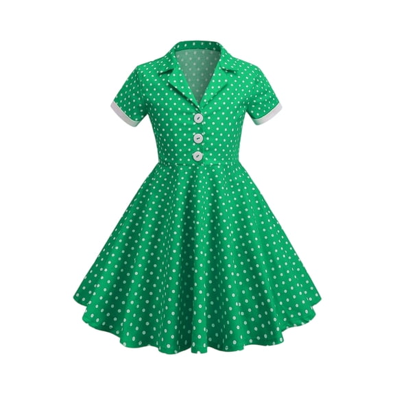 LNZGNM Girl's Polka Dot Dress Notch Lapel Button 1950s Dresses Cute Cozy Short Sleeve Swing Dress 3-12 Years, Green