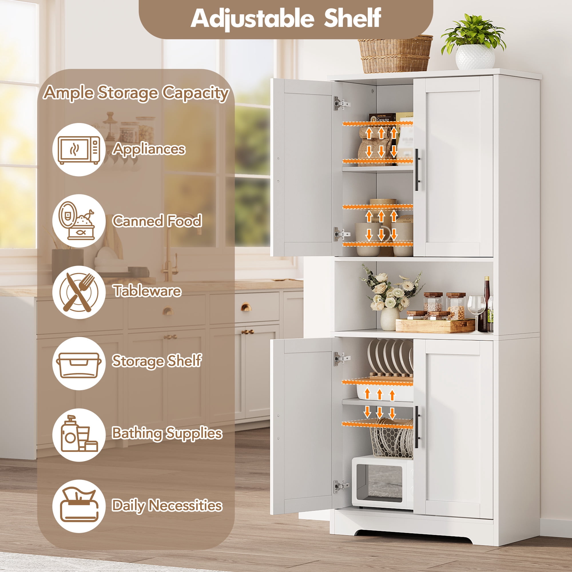70 Inch Tall Kitchen Pantry Cabinet, Freestanding Storage Cabinet Pantry Cabinet,70" Tall Kitchen Pantry Cabinet with Doors and Adjustable Shelves, Freestanding Cupboard, Tall Storage Cabinet