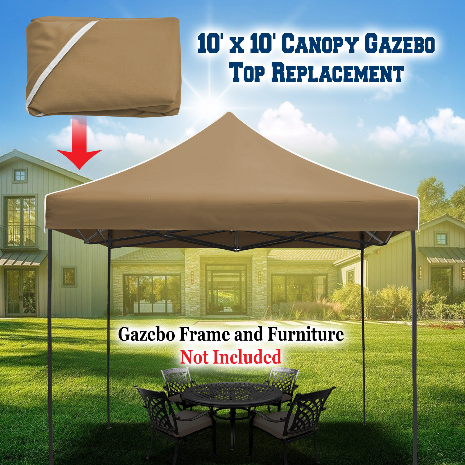 SUNNY Ez pop Up Instant Canopy 10'X10' Replacement Top Gazebo EZ Canopy Cover Only Patio Pavilion Sunshade Polyester-Tan