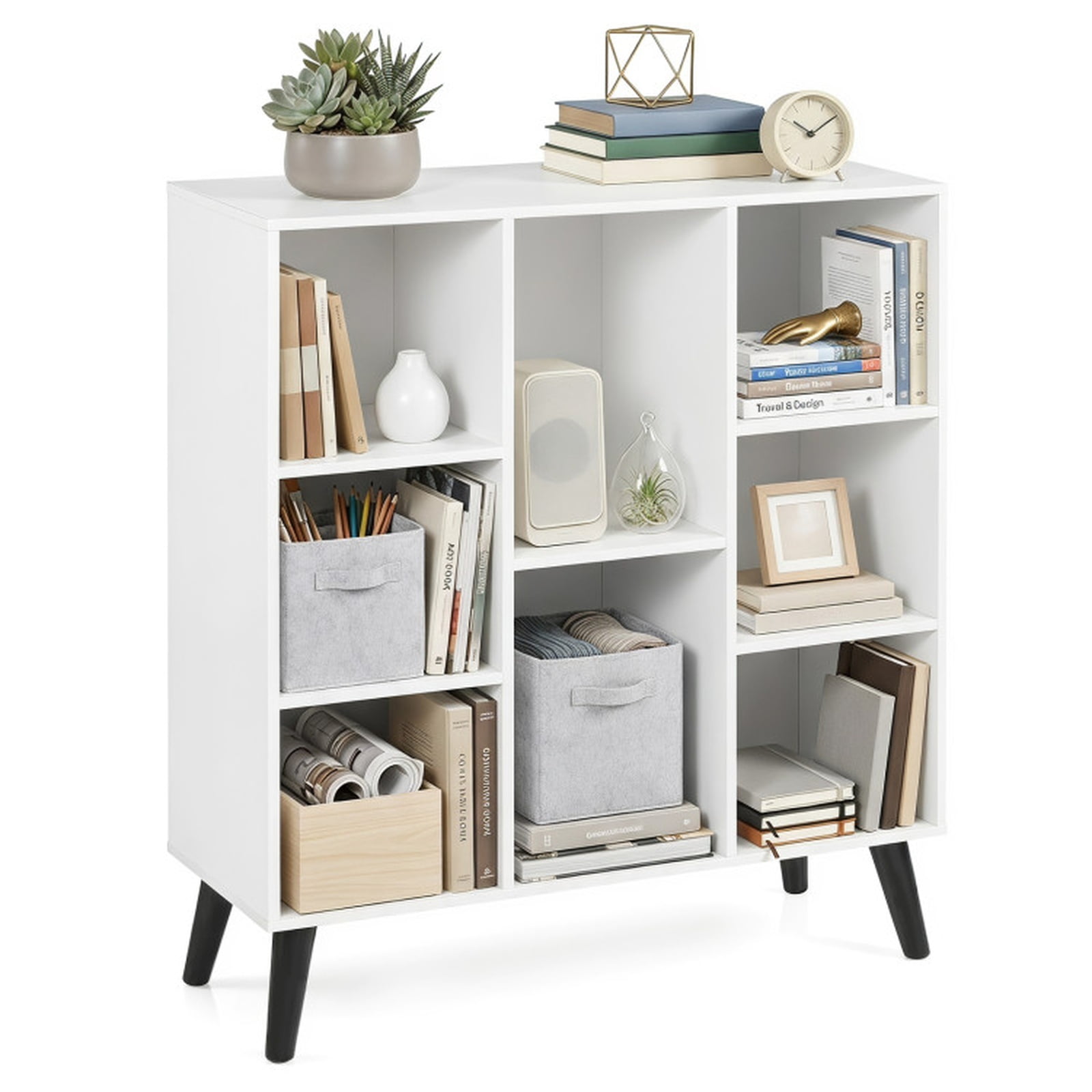 Furnibear 8-Cube Bookcase with Raised Support Legs and Anti-Tipping Kits Freestanding Wood Storage for Living Room and Study, White