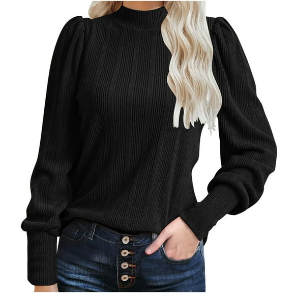 STETMN Mock Neck Tops for Women Ribbed Knit Puff Sleeve Shirts Casual Trendy Plain Pullover Sweater