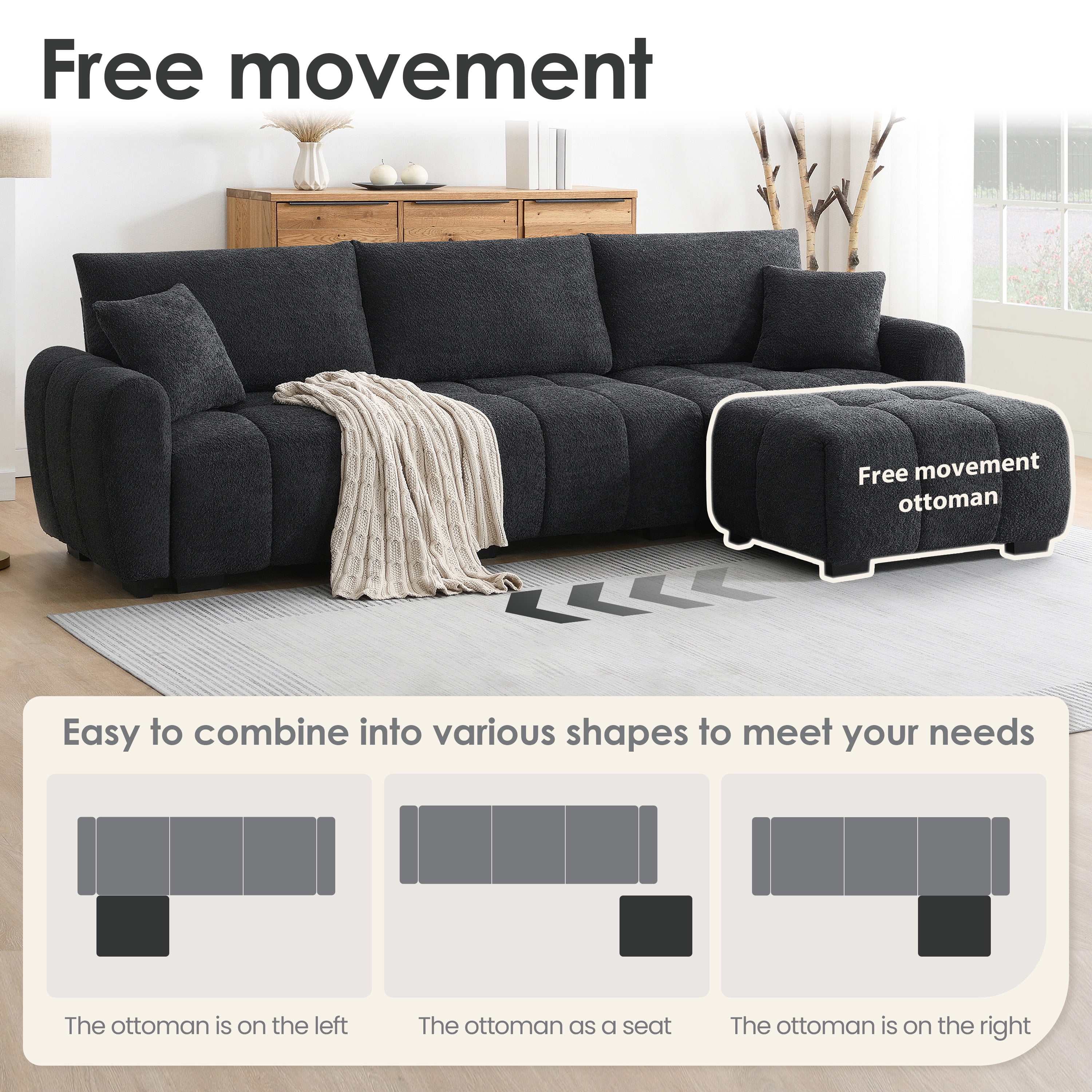 Sectional Sofa, Modular Sofa, L-Shape Couch with Movable Ottoman and Pull-Line Design, 4-Seater Boucle Fabric Sofa, Black+Gray