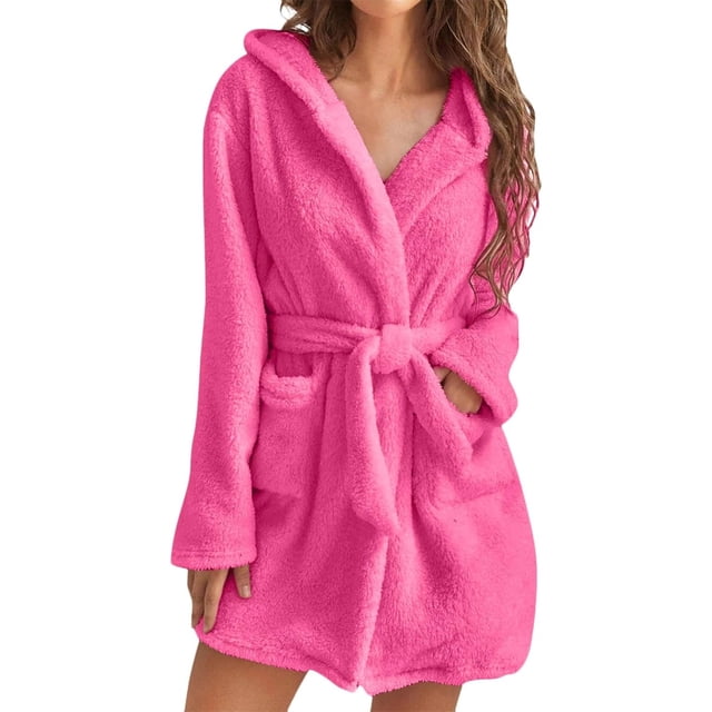 Robes for Women Bathrobe Hooded Fuzzy Short Robe with Belt and Pockets Long Sleeve Fluffy Robe Fuzzy Cute Warm Robe