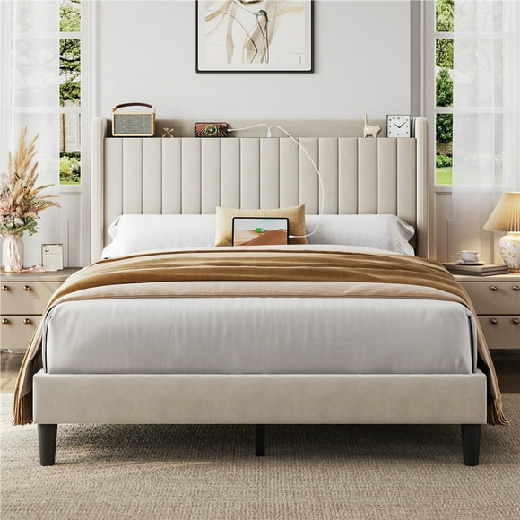 Yaheetech Velvet Upholstered Bed Frame with Charging Outlets & USB Ports, Queen, Beige