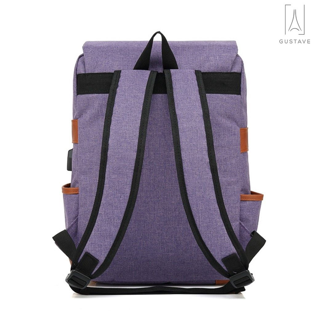 Gustave Canvas Anti-Theft Laptop Backpack for Men Women Large Capacity Casual Travel Backpack Daypack Computer Bag with USB Charging Port "Purple"