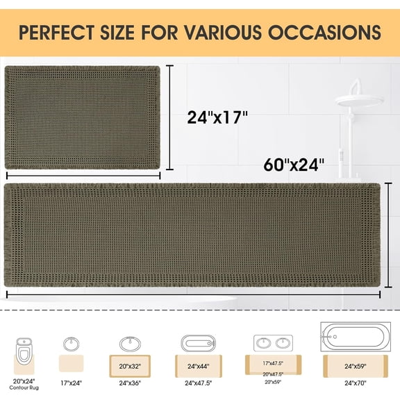 Waffle Bath Mat Set 2 Piece, Boho Woven Modern Bath Rug Absorbent Non Slip, Ultra Soft Bathroom Mats, Machine Washable Knit Bath Rugs with Border for Bathroom, Kitchen, Shower, Tub, Olive Green