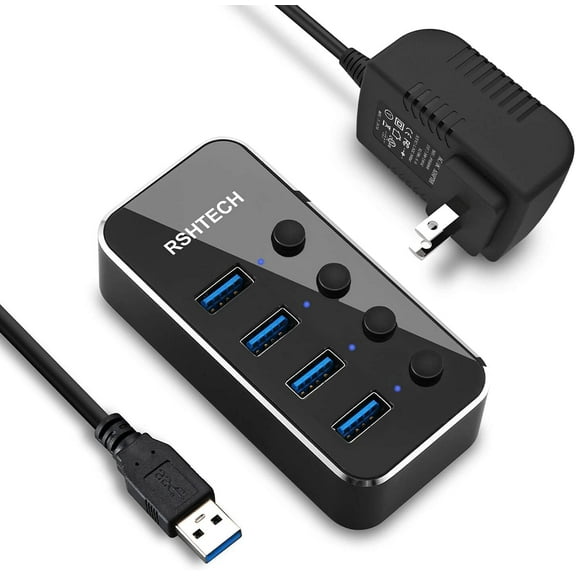 Powered USB Hub, 4 Port 3.0 Hub Splitter Portable Aluminum Data Expander with Individual On/Off and versal 5V AC Adapter, 3.3ft Cable (RSH-516)