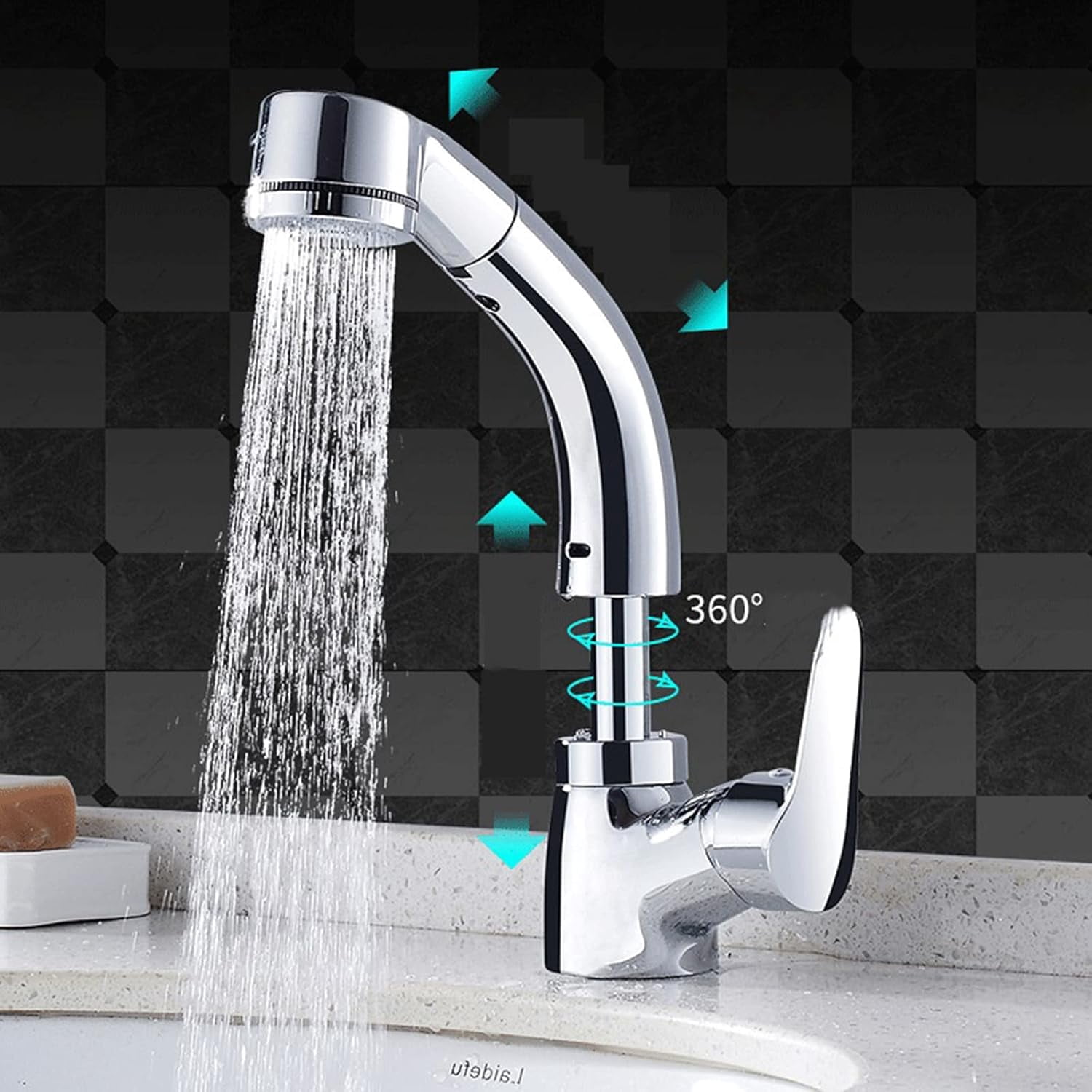 Bathroom Sink Faucet Pull Out Sprayer Dual Mode Mixer Tap for Hot and Cold Water Liftable Single Handle 360° Swivel Single Hole Pull Down Lavatory Faucet Retractable Basin Faucet,Black