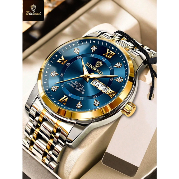 Men's Watch Luxury Brand Waterproof Analog Quartz Calender Stainless Steel Band