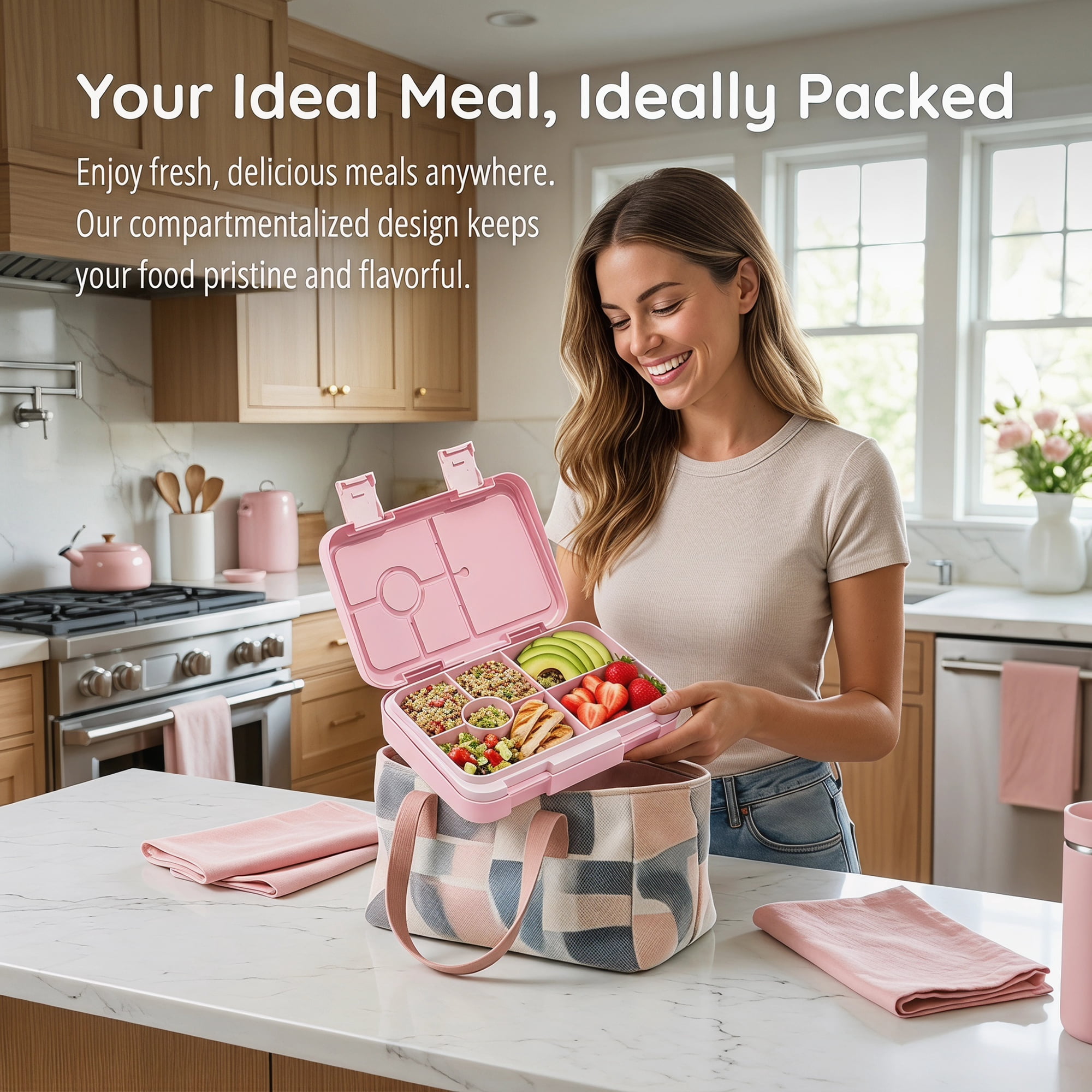 Unique Bargains PP Material Heat Resistant Meal Lunch Bento Box Pink