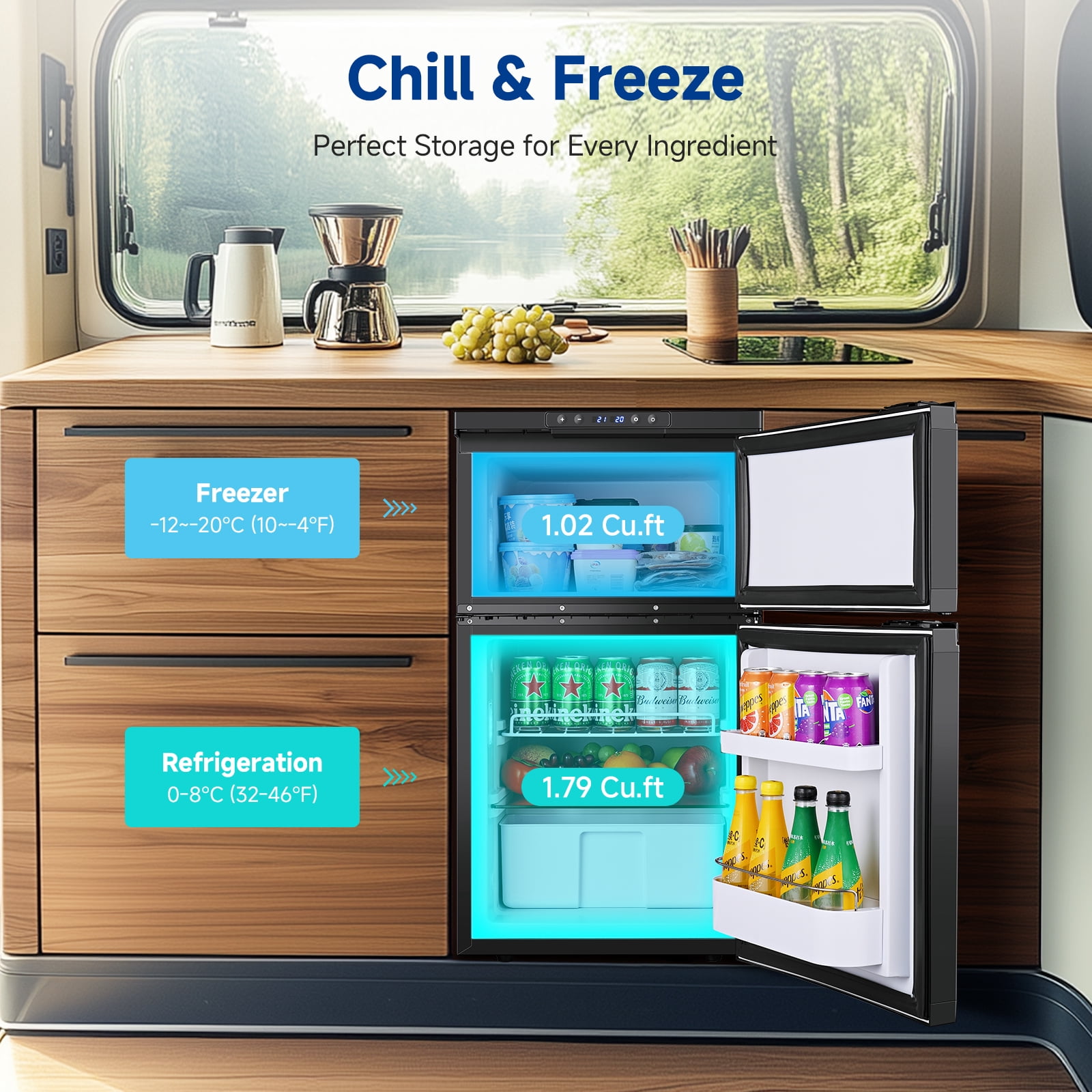 BODEGA 12V RV Refrigerator 80L (2.82 Cu.Ft) Dual Zone Fridge Freezer with APP Control, -4℉–68℉ Compressor Car Refrigerator, 12/24V DC Portable Cooler for RV, Truck, Camper, Boat