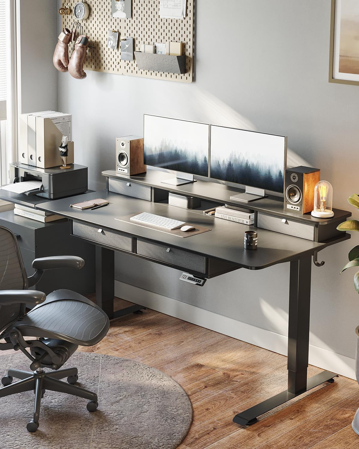 DESINO 48 x 24 Inch Height Adjustable Electric Standing Desk with Drawers, Stand Up Table with Large Storage Shelf, Sit Stand Desk for Home Office, Black