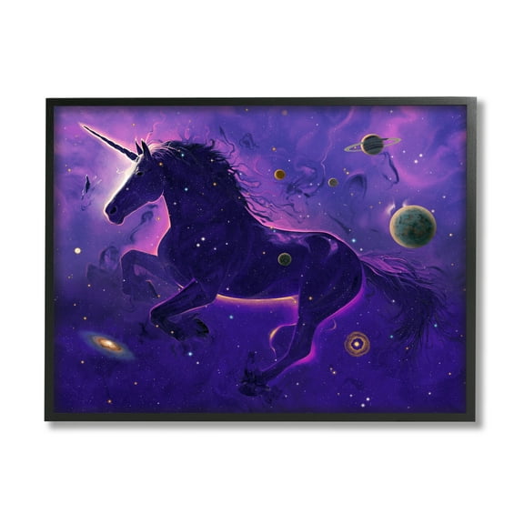 Stupell Industries Purple Unicorn Nebula Fairy Tales & Fantasy Painting Black Framed Art Print Wall Art, 14 x 11