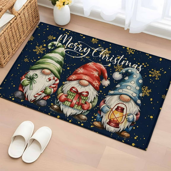 Black Christmas Bathroom Rug Washable 2x3 Entryway Rug Non Slip Winter Gnomes Golden Snowflake Xmas Front Door Mat Low Pile Indoor Doormat Throw Floor Carpet for Kitchen Bedroom Entrance