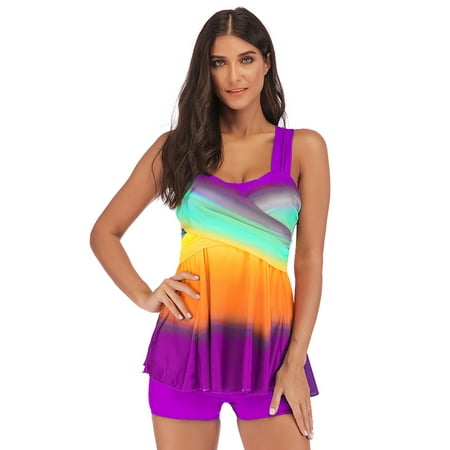 - Women's Tankini Set Gradient Cross Racerback Ruffle Swimdresses Swimwear Swimsuit Bathing Suit Top and Shorts Plus Size Beach Wear