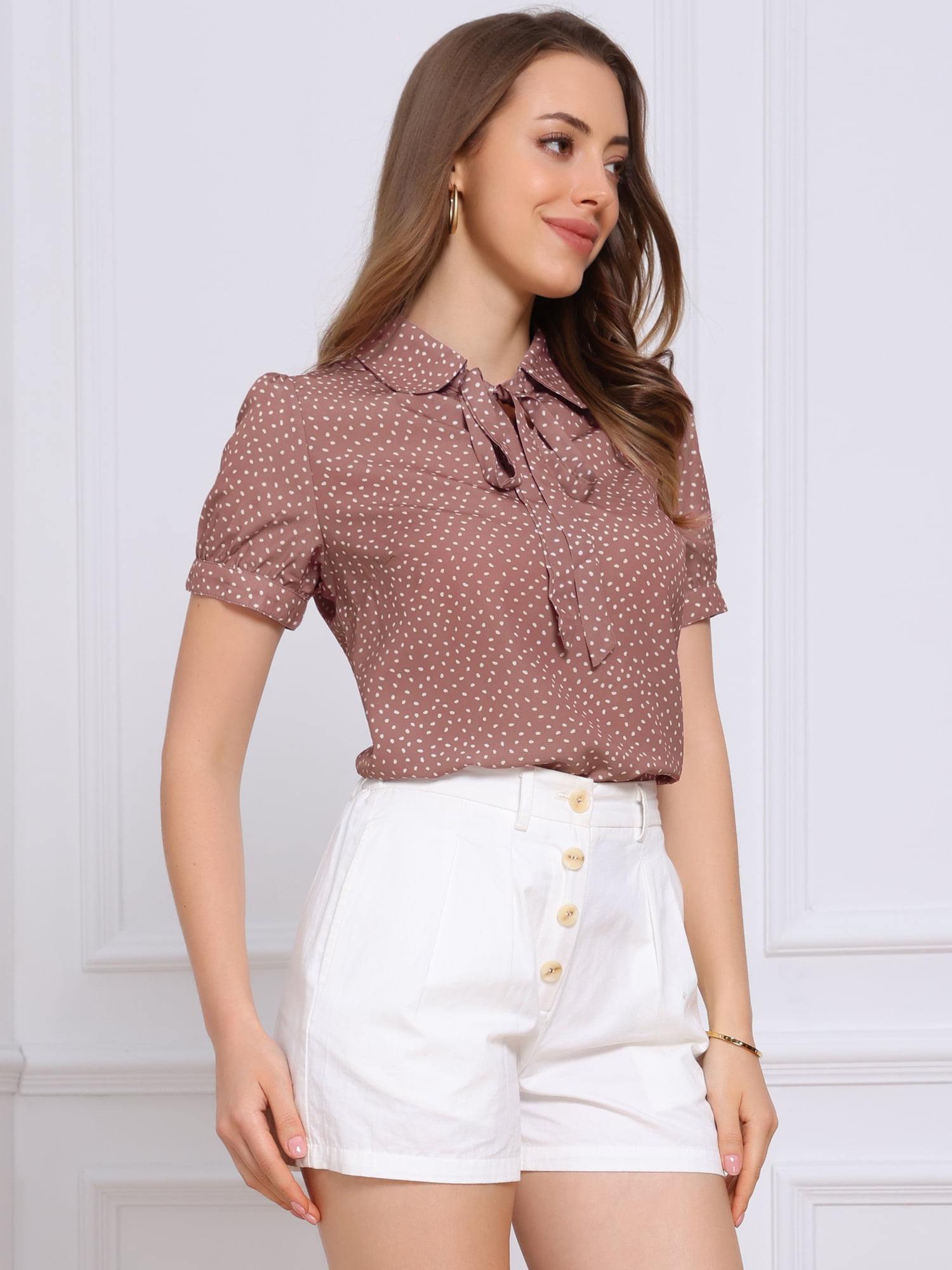 DARING DIVA Women's Polka Dots Tie Bow Chiffon Blouse XL Dark Pink-Dots