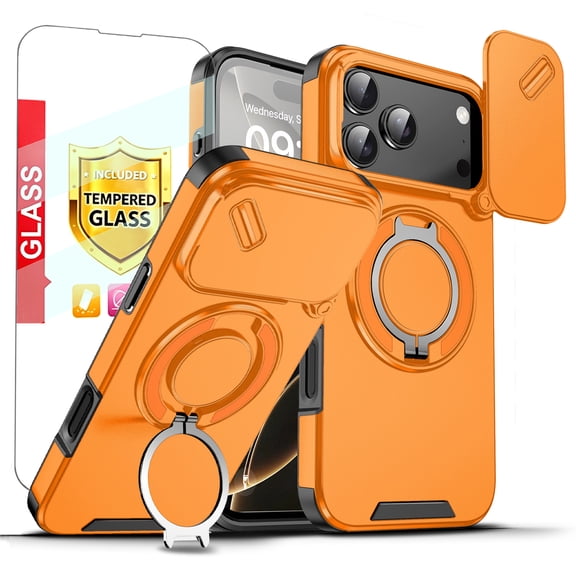 Kryonix for iPhone 17 Pro Max 6.9'' Case with Screen Protector,Includes a Sliding Camera Cover,360° Magnetic Rotated Ring Kickstand,Military Grade Shockproof Protective Cover,Orange