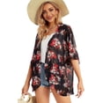 thumbnail image 5 of Women's Floral Print Puff Sleeve Kimono Cardigan Loose Cover Up Casual Blouse Tops, 5 of 7