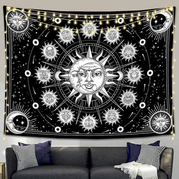 Tapiz de astrología del zodíaco, tapiz de constelación en blanco y negro para decoración de pared, tapiz de estética de bruja astrológica para dormitorio de adolescente, interesante para sala de