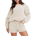 thumbnail image 1 of Ensembles de Shorts en Molleton Surdimensionnés pour Femmes, Col Rond, Manches Longues, Chandails à Enfiler, Shorts à Taille Élastique, Ensembles Assortis, Tenues 2 Pcs, Survêtements, Survêtement Uni pour Femmes, Kaki, 1 of 9