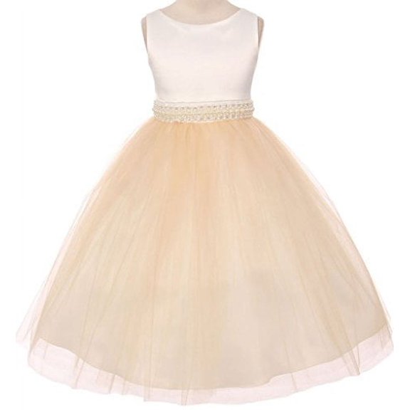 Flower Girl Dress Ivory Satin Bodice Illusion Material Belt for Big Girl Champagne 10 MBK.343