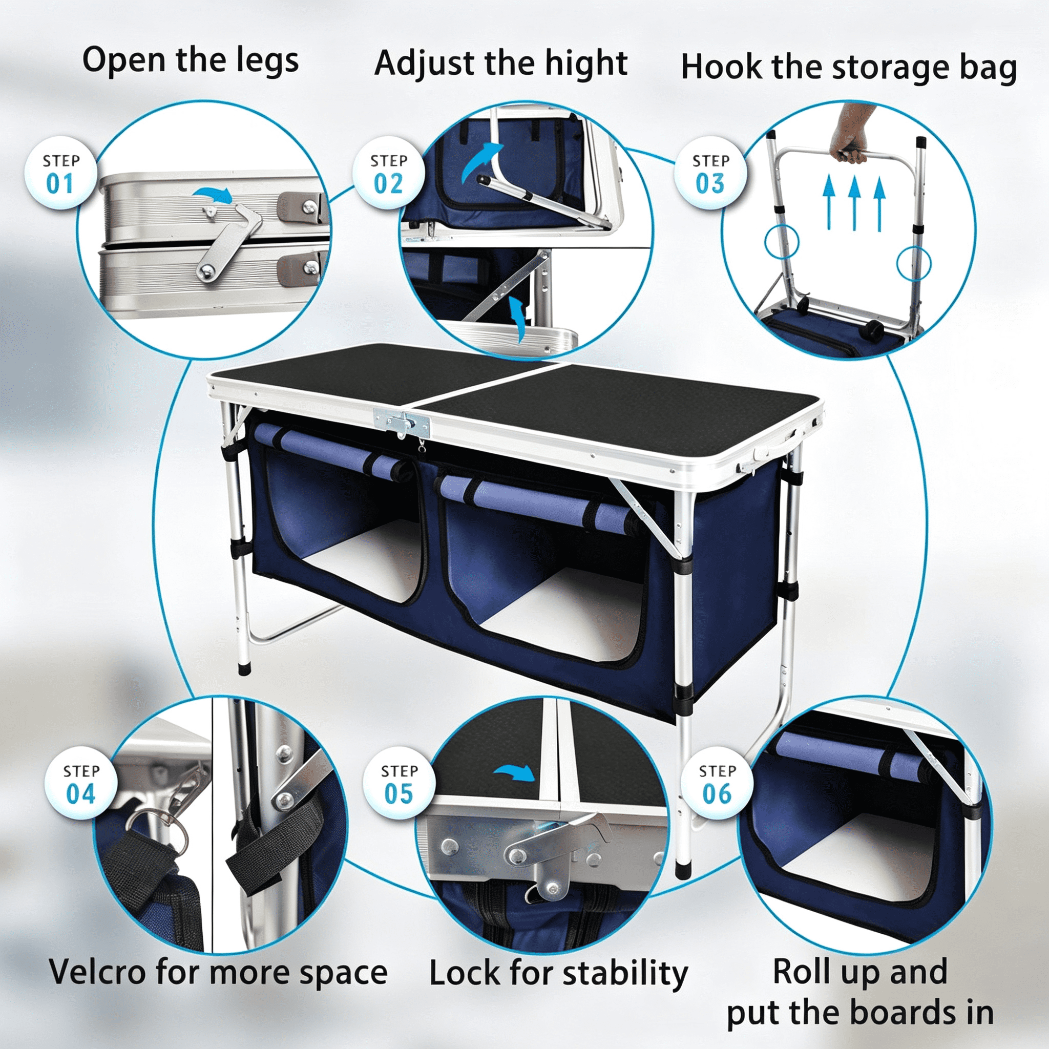 3 Height Adjustable Folding Camping Table with 2 Detachable Storage Bags, Aluminum Frame Density Board Portable Outdoor Picnic Table, 66LBS Capacity for Car Camping BBQ Indoor Party