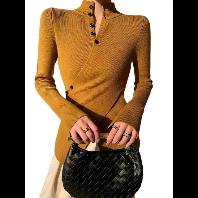 Suéter Básico de Punto para Mujer, Elegante Jersey de Cuello Alto con Botones, Corte Entallado, Abertura Cruzada y Larga. Color Naranja M