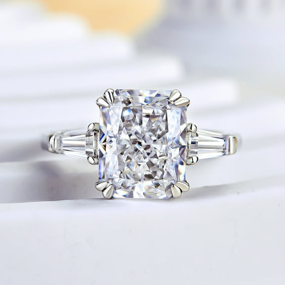 Veda Jewel 14K White Gold Plated Three Stone Engagement Ring for Women - 2 Ct Radiant Cut Lab-Created Simulated Diamond with Prong Setting - Elegant Wedding and Anniversary Rings