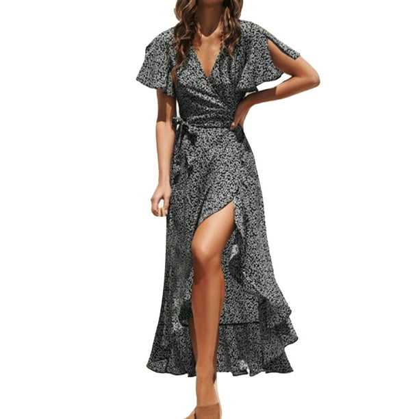 Gibobby Vestidos de fiesta elegantes Mujer 2023 Primavera/Verano Nuevo Sexy Cuello en V Irregular Cintura alta con cordones Vestido estampado de manga voladora(Negro,XL)