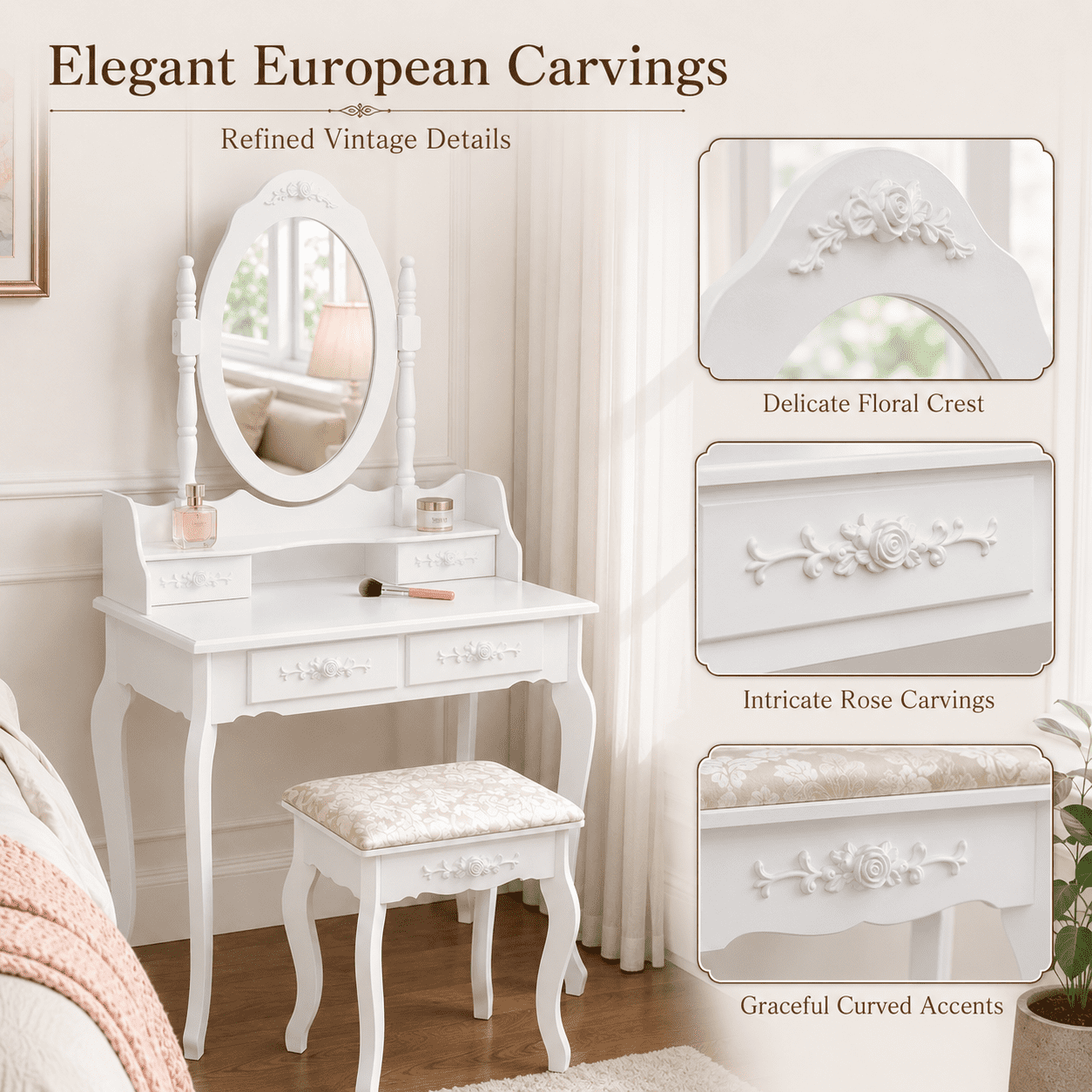 Ktaxon Elegance White Dressing Table Vanity Table and Stool Set