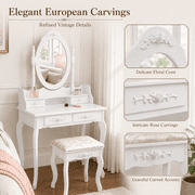 Ktaxon 2-1 Elegance White Dressing Table Vanity Table and Stool Set Wood Makeup Desk with 4 Drawers & Mirror