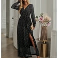 thumbnail image 2 of SWSMCLT Women's Long Sleeve Dresses Party High Waist Fitted Winter Deep V Neck Sequin Maxi Dress Fall Long V Neck Black Large, 2 of 4