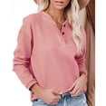 thumbnail image 2 of Blusa elegante de color rosa con escote en V y manga larga, con detalle de botones y corte relajado para mujer, 2 of 6