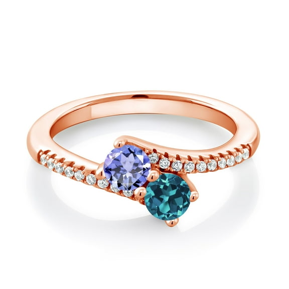 Gem Stone King 18K Rose Gold Plated Silver Blue Tanzanite and London Blue Topaz Bypass Ring for Women (0.87 Cttw, Gemstone December Birthstone, Round 4MM, Size 7)