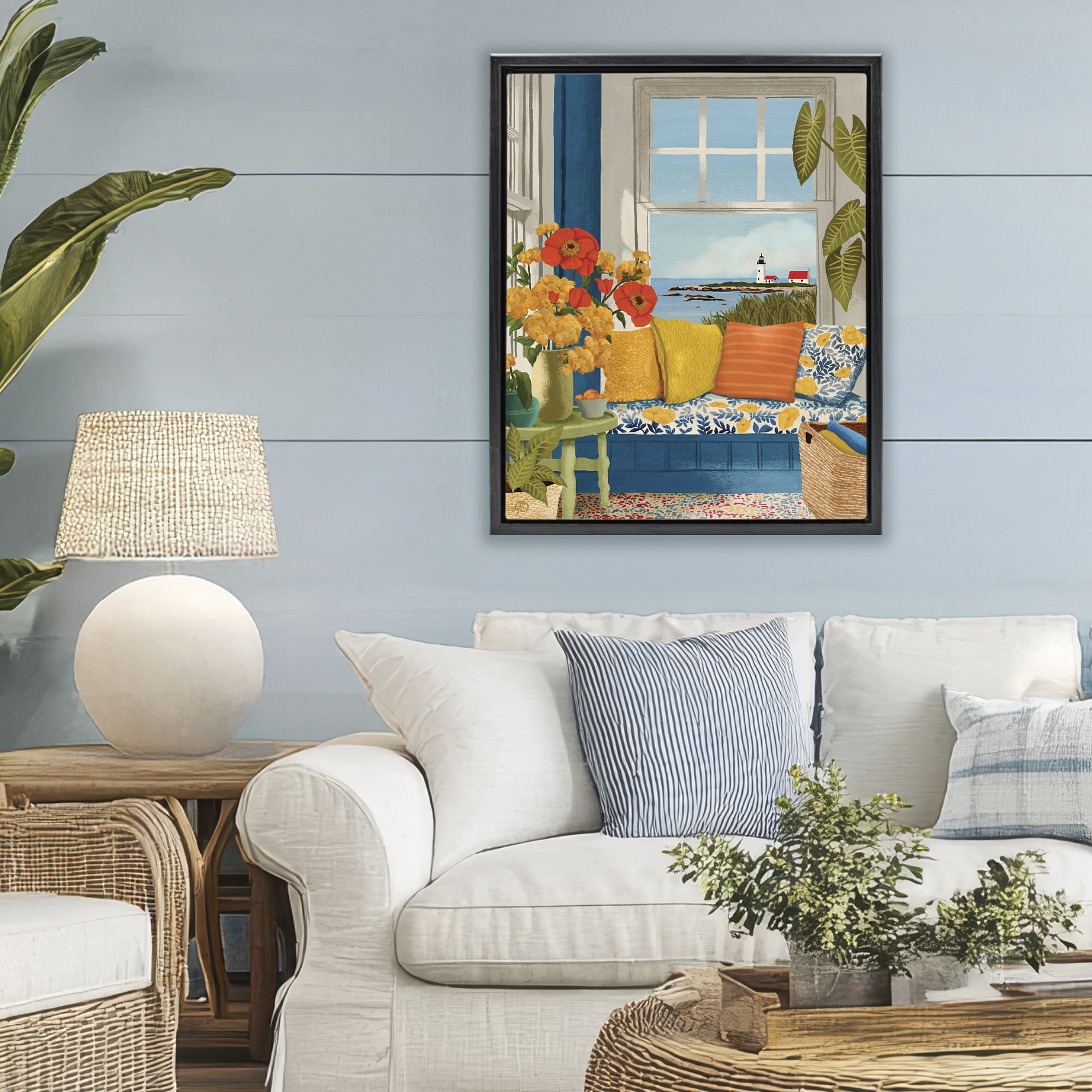 Stupell Industries Distant Lighthouse Window View Black Framed Floater Canvas Wall Art, design by Lisa R Dumm